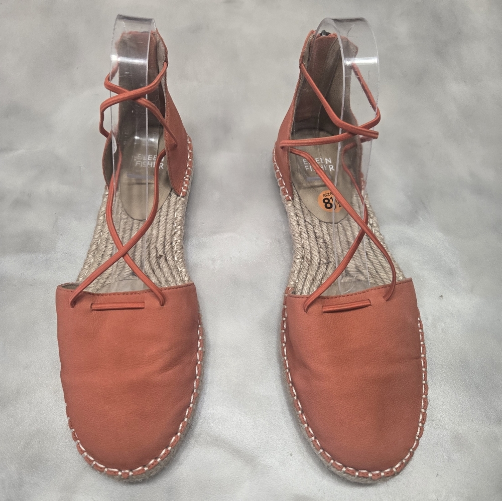 Eileen Fisher Orange Lace up Espadrille Tangelo Leather Sandals Size 8.5